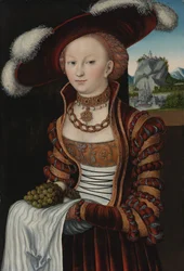 Portrait of a Young Woman Holding Grapes and Apples